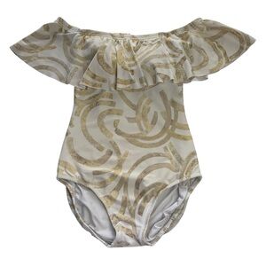 Tara Grinna Ruffle Gold & White Metallic Off The Shoulder One Piece Ribbed 4 S‎